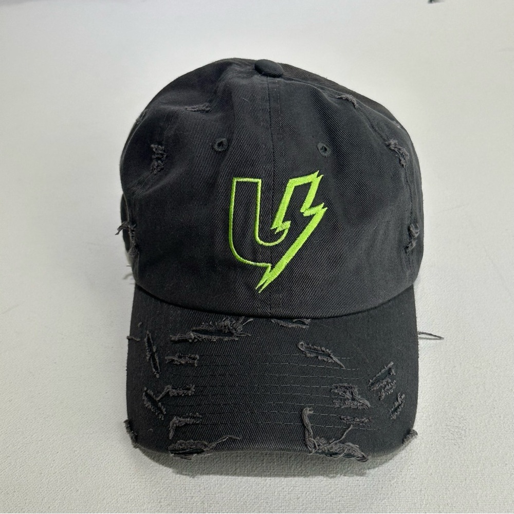 Unshook Gray Distressed Cap hat with Neon Green Logo